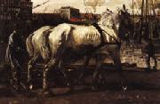Two White Horses Pulling Posts in Amsterdam